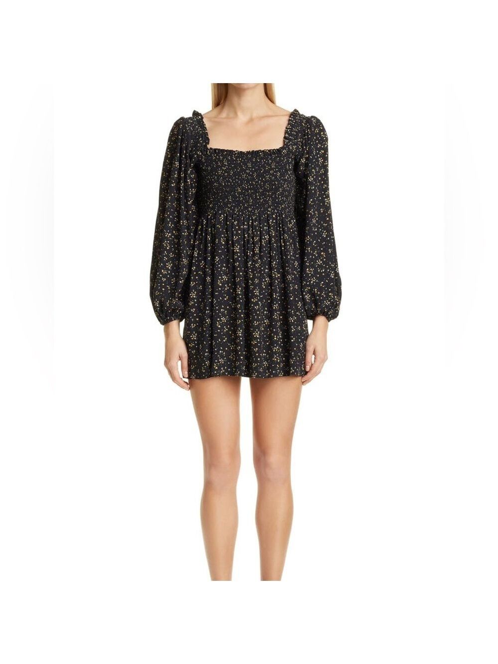 GANNI Floral Smocked Mini Dress Long Balloon Puff Sleeve Black Size 6 EUC - Picture 12 of 12